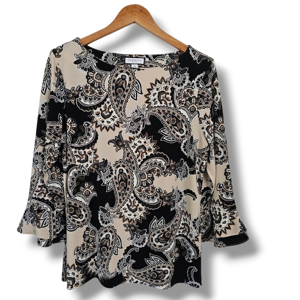 Charter Club Top PXL Womens Black Paisley Bell Sleeve Stretch Boat Neck Whimsy